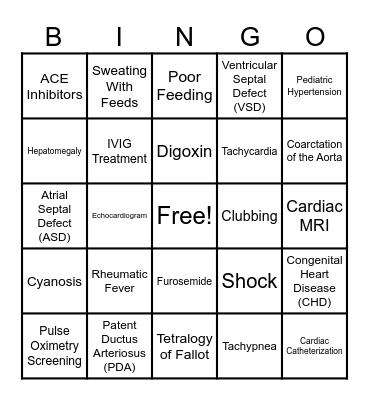 Peds Cardiac Bingo Card