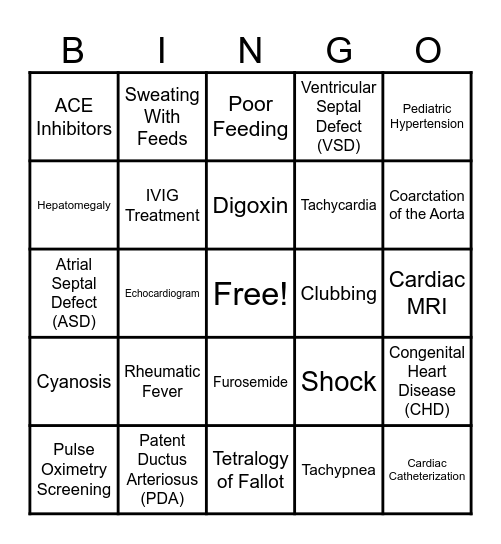Peds Cardiac Bingo Card