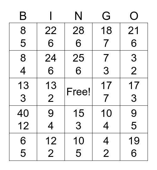 Mixed Number Bingo Card