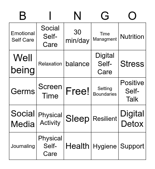 Self Care Bingo Card