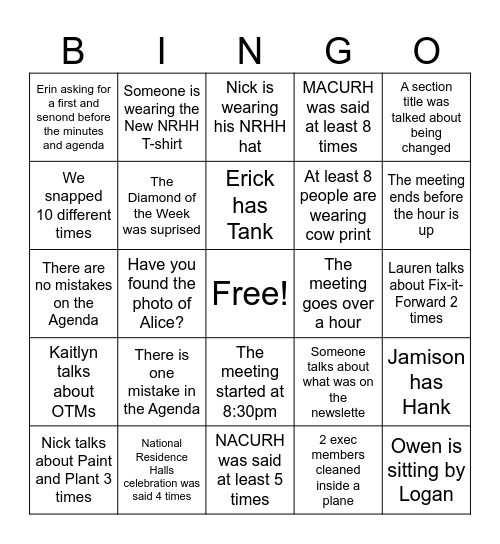 NRHH Bingo Card