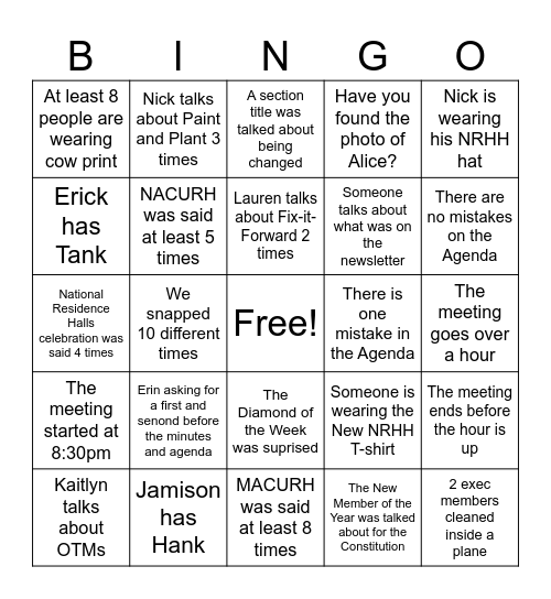 NRHH Bingo Card
