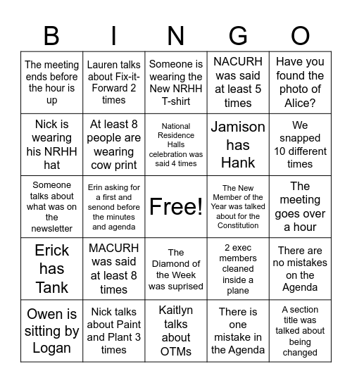 NRHH Bingo Card