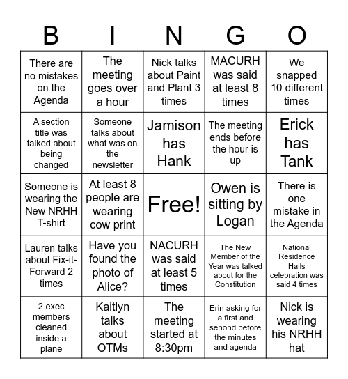 NRHH Bingo Card