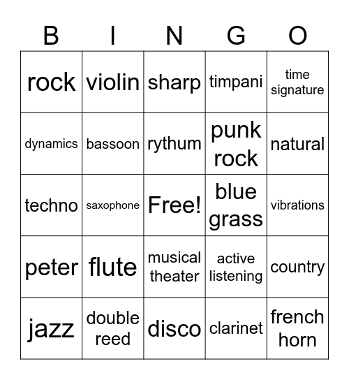 music bingo Card