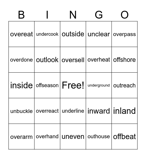 Prefixes Bingo Card