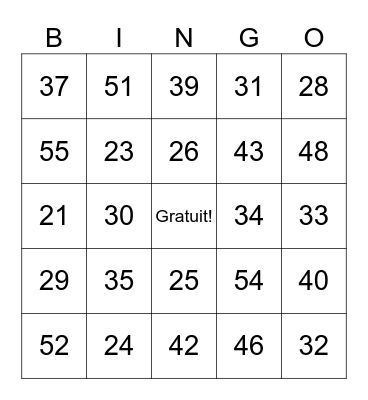 French Numbers: 20-60 Bingo Card