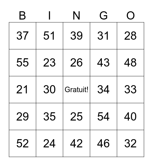 French Numbers: 20-60 Bingo Card