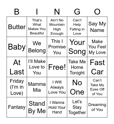 Love Songs Bingo Card