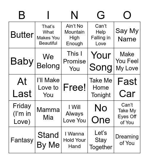 Love Songs Bingo Card