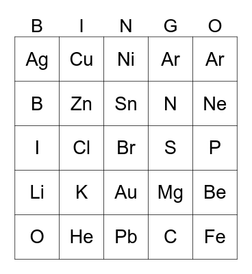 Some Common Elements of the Periodic Table Bingo Card