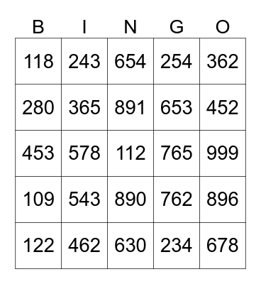 Numeros del 100-1000 Bingo Card