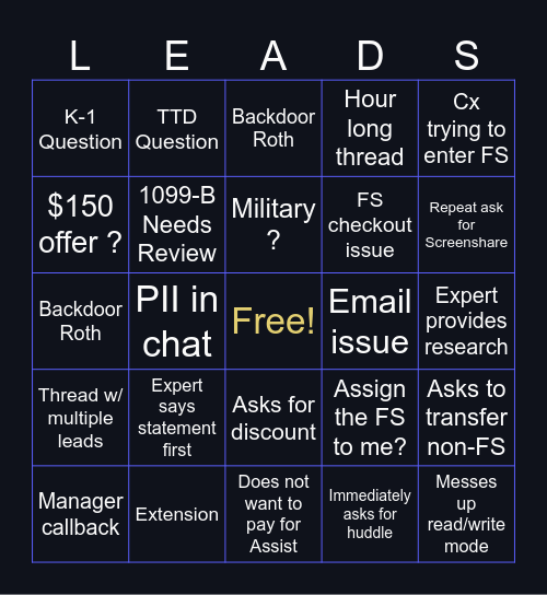Leads Bingo Card