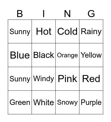 Weather and Colours Bingo Card