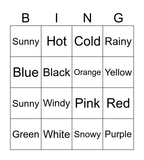 Weather and Colours Bingo Card