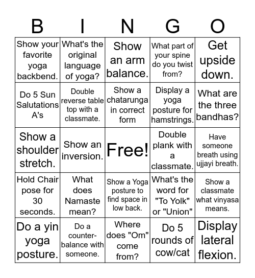 Yoga Bingo Card