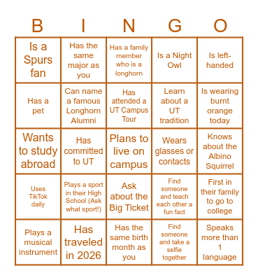 Longhorn Bingo Card
