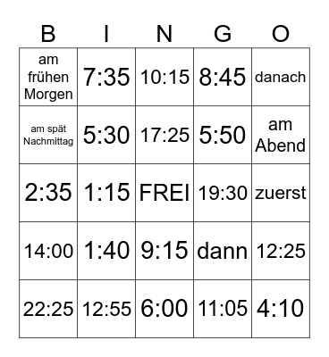 Telling Time Bingo Card