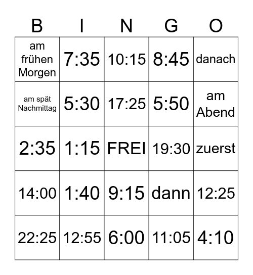 Telling Time Bingo Card