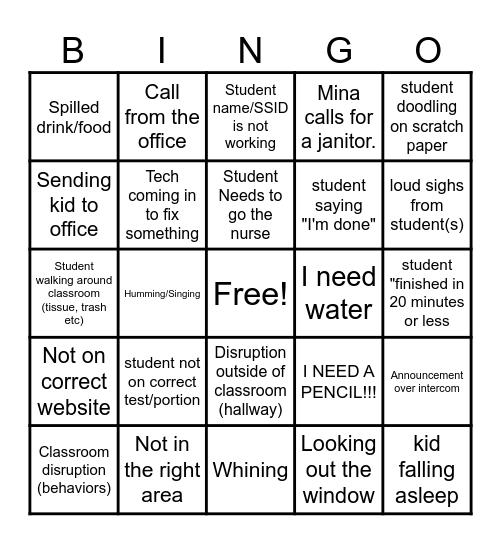 Classroom Disruptions Bingo Card