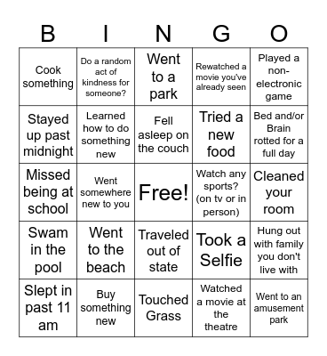 Spring Break Bingo Card
