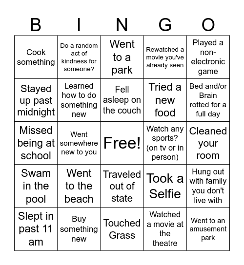 Spring Break Bingo Card