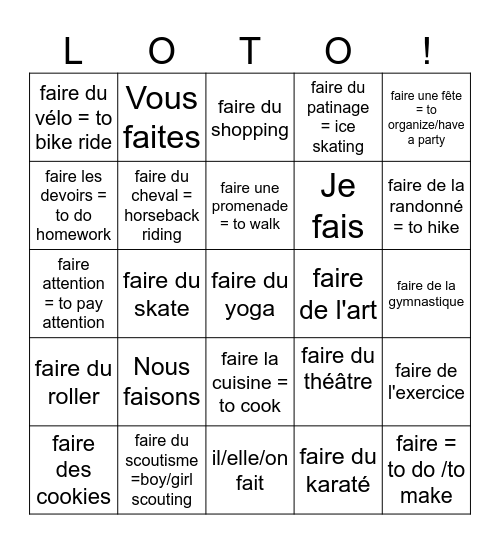 faire (= to do / to make) 2026 Bingo Card