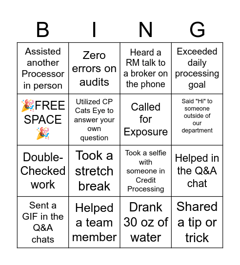 Credit Processing BINGO Card