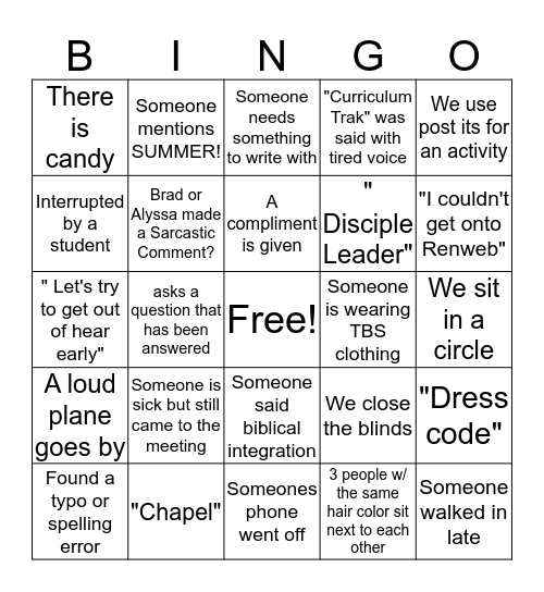 Faculty Meeting BINGO Card