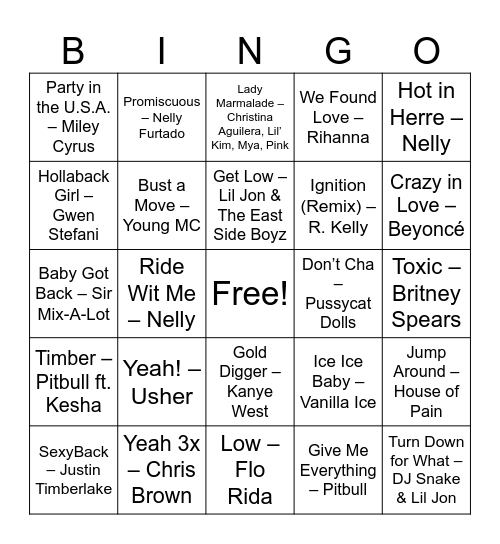Throwback Party Anthems Bingo Card