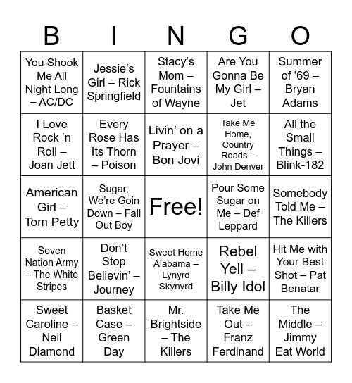 Rock, Pop & Belt-It-Out Hits Bingo Card