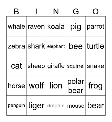 Animals Bingo Card