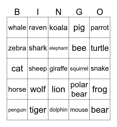 Animals Bingo Card