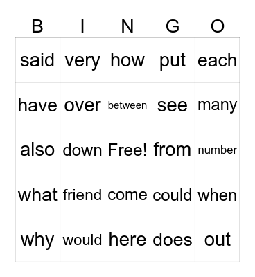 Trick Word Bingo Card