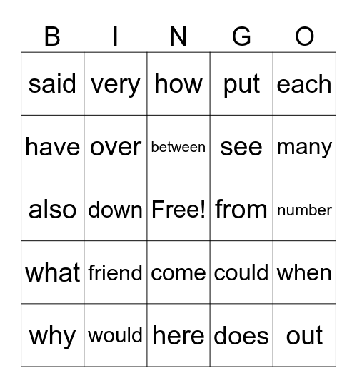 Trick Word Bingo Card
