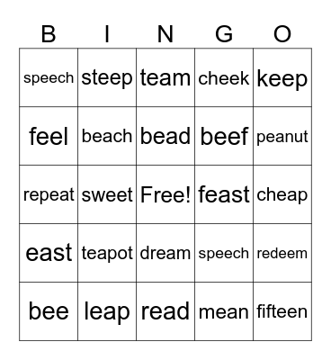 Vowel Teams:  ee/ea Bingo Card
