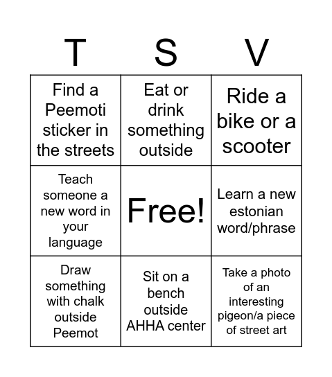 Tartu Study Visit Bingo Card