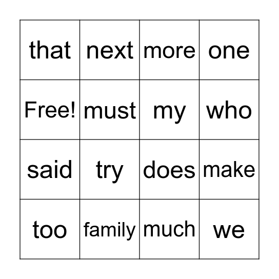 Sight Word Bingo 1.0 Bingo Card