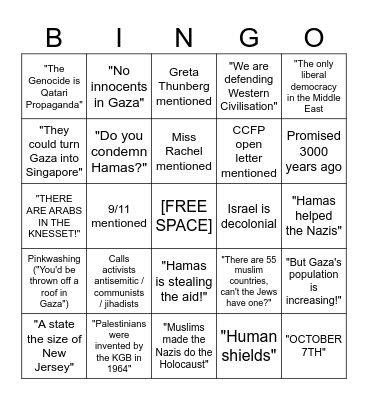 Hasbara Bingo Card