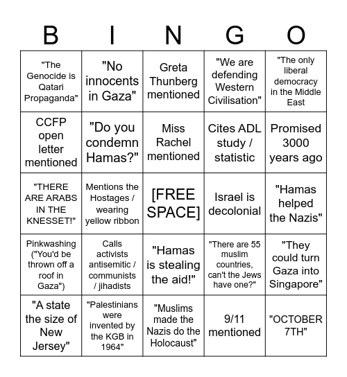 Hasbara Bingo Card