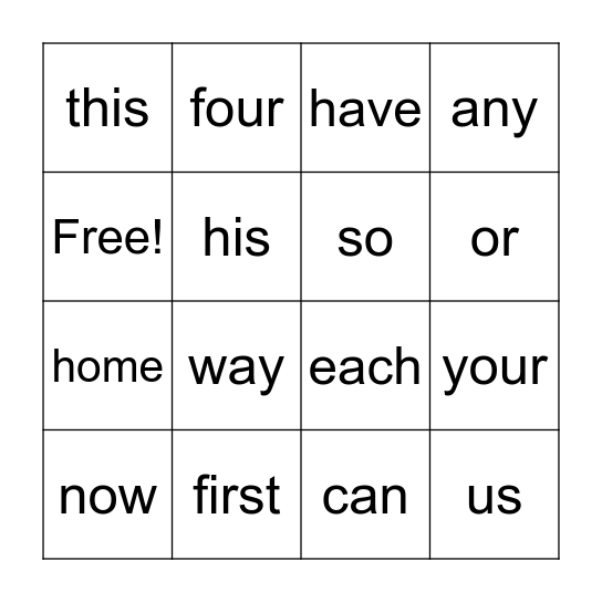 Sight Word Bingo 1.9 Bingo Card
