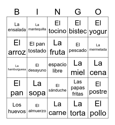 SP5 Restaurante List 1 Bingo Card