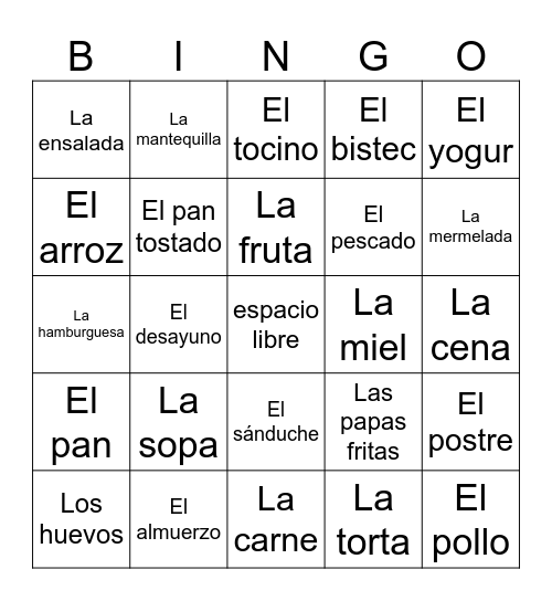 SP5 Restaurante List 1 Bingo Card