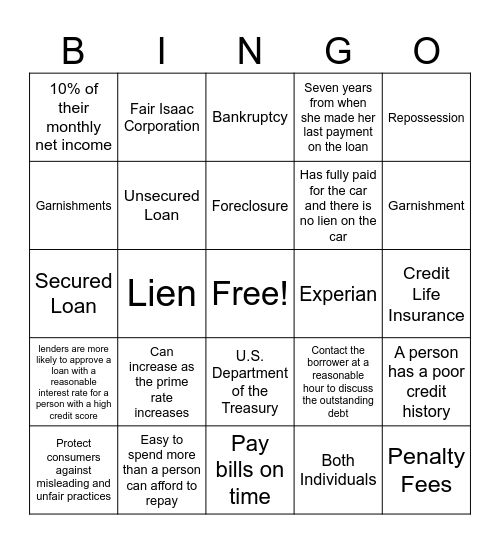 Credit Bingo Card