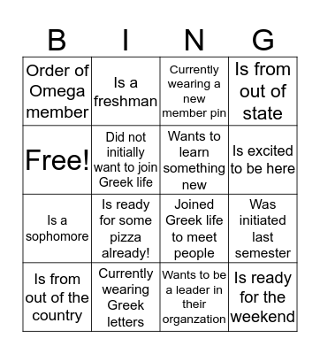 Becoming A New Greek Bingo Card