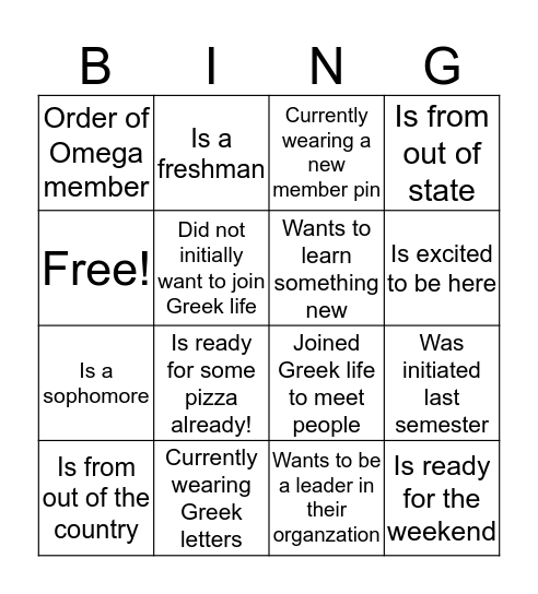 Becoming A New Greek Bingo Card