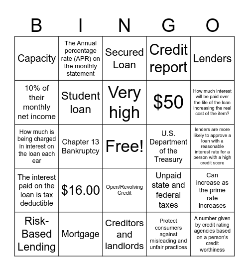 Credit Bingo Card