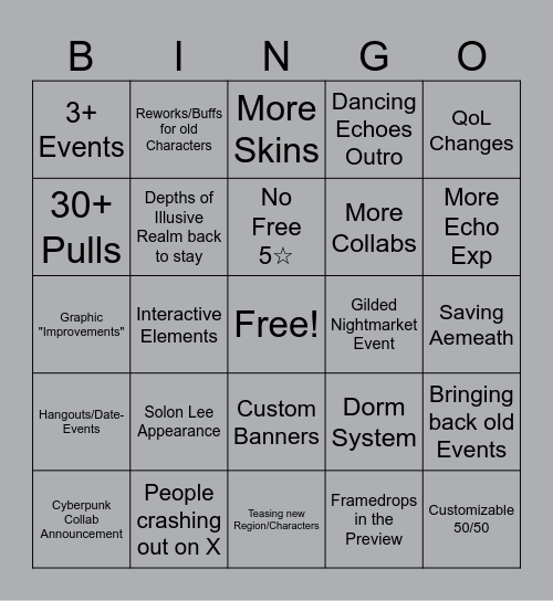 WuWa Anniversary Stream Bingo Card