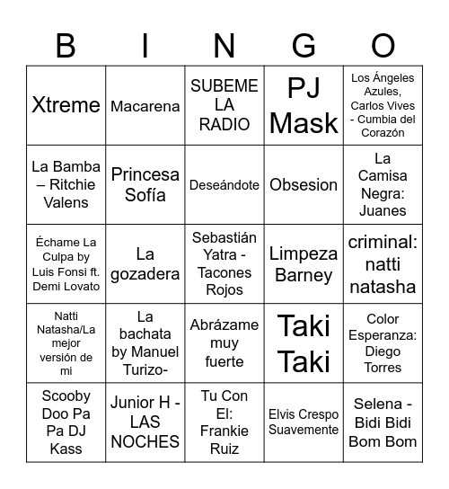 Bingo Musical Bingo Card