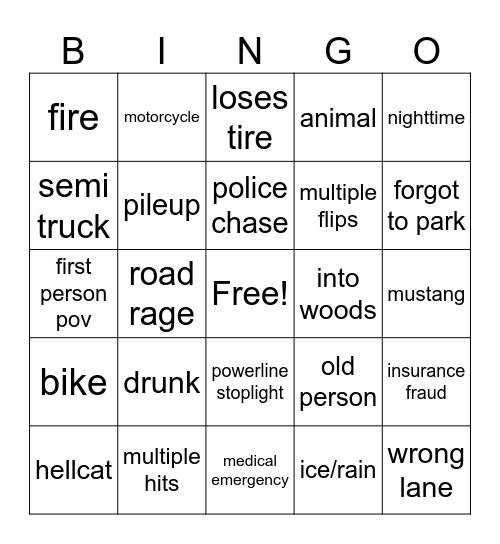 Car Crash Bingo Card